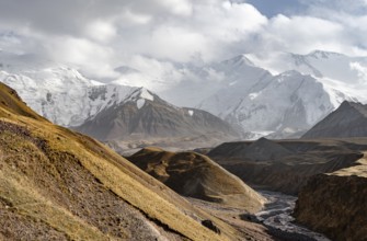 Achik Tash river, Achik Tash valley, behind glaciated and snow-covered mountain peak Pik Lenin,