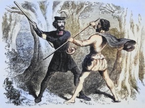 Two men fight with quarterstaffs. Robin Hood and Little John. From The National and Domestic