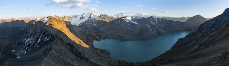 Evening mood, mountain panorama, aerial view, 4000 metre peak with glacier, mountain pass and