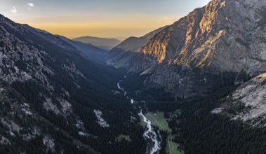 Aerial view, Green Mountain Valley, Chon Kyzyl Suu, Tien-Shan Mountains, Kyrgyzstan, Asia