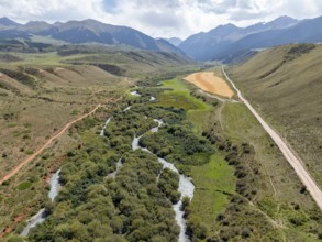 Aerial view, Djuku River, Tien Shan Mountains, Kyrgyzstan, Asia