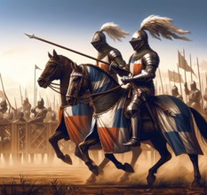 Two medieval knights ride on horseback in armour, helmet and with a lance to a jousting tournament,