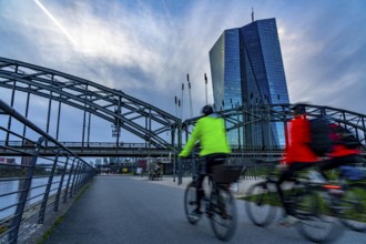 Building of the European Central Bank, ECB, on the Main in Frankfurt, cycle path on the banks of