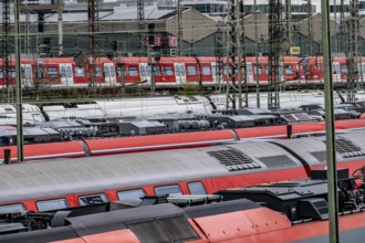 Local trains on the track in front of Frankfurt am Main Central Station, Skyline, Hesse, Germany,