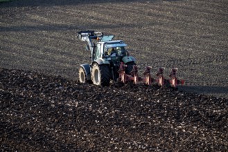 Farmer ploughing a field, tractor with plough, near Neuss, North Rhine-Westphalia, Germany, Europe