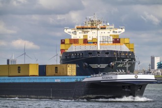 Europahaven, MSC Laura container freighter being towed by harbour tugs, seaport of Rotterdam,