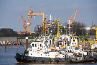 Workboats, tugs, of Emder Schlepp Betrieb GmbH, harbour tugs, in the port of Emden, Lower Saxony,