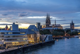 Skyline with Cologne Cathedral, Groß St. Martin Catholic Church, Chocolate Museum, Sunset, Rhine,