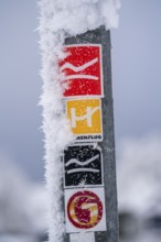 Signposts, hiking signs, winter in the Sauerland, Hochsauerlandkreis, at Kahler Asten, near