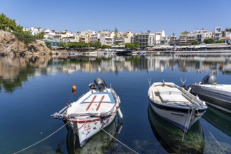 The village of Agios Nikolaos, in the eastern part of Crete, view over Lake Voulismeni, connected