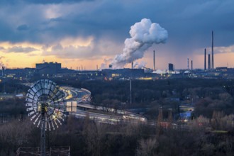 Skyline of the steel location Duisburg, Thyssenkrupp Steel Europe, in Duisburg-Bruckhausen, sunset,