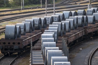 Strip steel coils, on freight wagons, at the ThyssenKrupp Schwelgern plant in Duisburg-Marxloh is