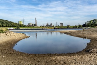 Low water level on the Rhine, banks dry up, sandbanks in the river, shipping can only navigate with