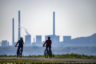 The Hoheward spoil tip, main part of the Hoheward Landscape Park, mountain bikers, view of the