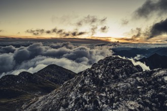 Sunrise hike on the Hochplatte in the Ammergau Alps, Ammergebirge in the Allgäu, Bavaria, Germany,