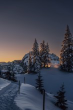 Sunrise snow tour on the Tegelberg in the Allgäu in Bavaria. Winter Wonder Land, Germany, Europe