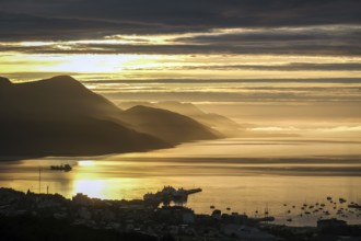 Ushuaia, Tierra del Fuego, Argentina, sunrise over the Beagle Channel, the Beagle Channel is a