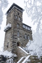 Observation tower on the Czorneboh in winter, trees with snow and hoarfrost, Cunewalde, Saxony,