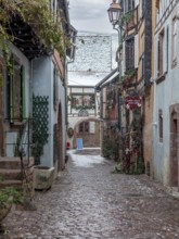 Narrow alley with half-timbered houses and cobblestones in a wintery and quiet atmosphere during