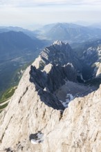 Steep rocky ridge, Waxensteinkamm, with summit Waxenstein, view from the summit of the Zugspitze,