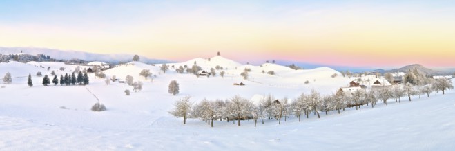 Panorama of a wintery hilly landscape at dawn, Menzingen, Canton Zug, Switzerland, Europe