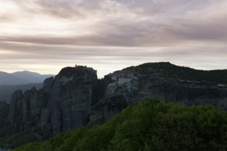 Sandstone formations at dusk, backlight, Meteora, Thessaly, Greece, Europe