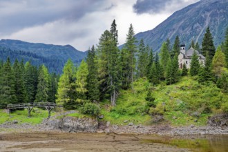 Lake chapel Maria am See, Obernberger See, mountain lake, landscape of the Stubai Alps, weather