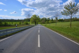 Country road through green fields and trees under a slightly cloudy sky, spring, Hirzenhain,