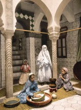 Luce Ben Aben, Moorish woman preparing couscous, Algiers, Algeria, ca 1890, Historical, digitally