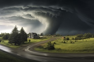 Disaster catastrophe storm concept - tornado in a field in the USA with wooden house and road under