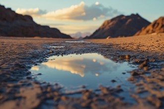 Water puddle in dry desert ground. Drough concept. Generative AI, AI generated