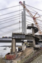 Demolition of the old Rhine bridge Neuenkamp, the A40, behind the first of 2 new bridges, which is