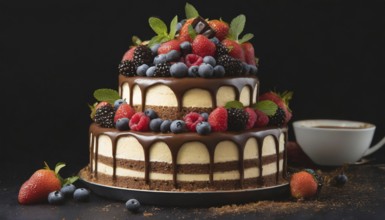 Food, baked goods, pastries, tiered cake with chocolate and fresh berries, AI generated, AI