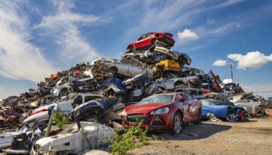 Symbolism, large junkyard with wrecked cars, scrap cars, scrap metal, AI-generated, AI-generated,