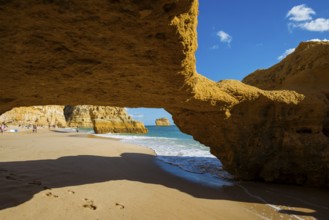 Beach and coloured rocks, Praia da Marinha, Carvoeiro, Algarve, Portugal, Europe