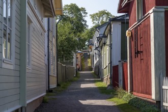 Street with old colourful wooden houses, Naantali or Nådendal, Baltic Sea coast, Finland, Europe