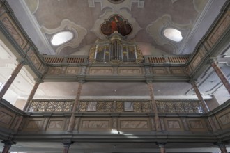 Organ loft in the baroque town church of St. Maria, Hersbruck, Middle Franconia, Bavaria, Germany,