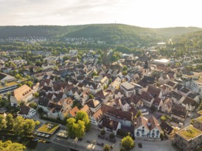 View of a town with red roofs, a river with a bridge and many trees at sunset, Nagold, Black