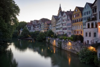 View in summer from the Neckar bridge onto the Neckar front with historic buildings, collegiate