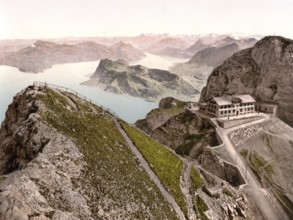 Railway, from Oberhaupt to Vierwaldstaettersee, with old hotel and donkey, Pilatus, Switzerland,