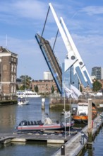 Historic Poortgebouw, with drawbridge, Rotterdam Marina, pleasure craft harbour, sailing boats,