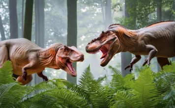 Two dinosaurs, Tyrannosaurus Rex threatening each other with wide open mouth, symbol image