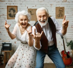 Two mobile seniors, an old man and an old woman dance lively to lively music, symbolic image,