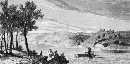 Mountainous natural landscape in the state of Missouri with steamboat on the Mississippi River,