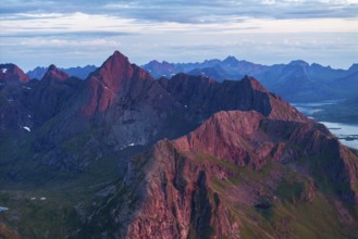 View from Flakstadtind mountain to the surrounding peaks, Lofoten, Norway, Europe