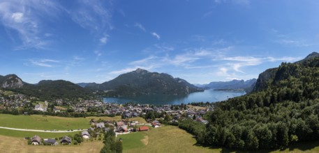 Drone image, Sankt Gilgen am Wolfgangsee with Schafberg, Osterhorn group, Salzkammergut, Salzburg