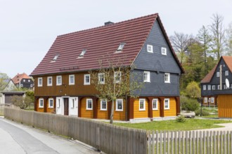 Listed half-timbered houses on the Mandau in Seifhennersdorf, Zittau Mountains, Saxony, Germany,