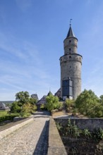 Witches' tower, keep of Idstein Castle, butter barrel tower, front bridge over the Halsgraben,