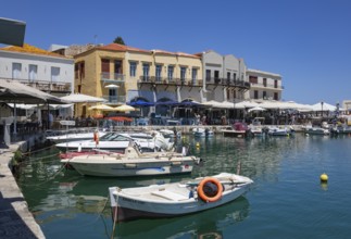 Venetian harbour with restaurants and fishing boats, Rethimno, Crete, Greece, Europe