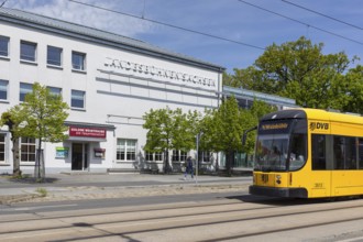 Tram line 4 in front of the theatre Landesbühnen Sachsen in Radebeul- Weintraube, Saxony, Germany,